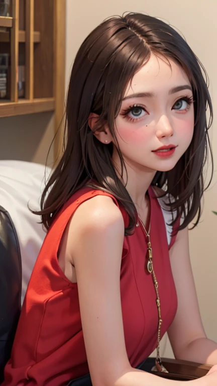 blush a little and smile, (Top quality masterpiece:1.2) Delicate illustrations, Very detailed, /Beautiful Japanese Women、1 person,Very cute and slim、Great style 、((8K images、super high quality))、Very delicate face, Skin and Hair、beautifule forehead、Red lipstick、(((((Mid-length hair、Brown Hair、lure))))),Very cute Japanese cut face、Eyes and nose are clearly visible、Kind eyes,((((Sleeveless fashion))))