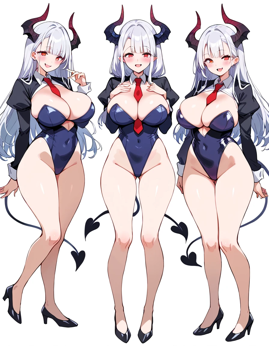 3 girls, variety of hairstyles, ((white background)), full body, multiple views, succubus, horn, thong, shrug, leotard, cleavage, tie,