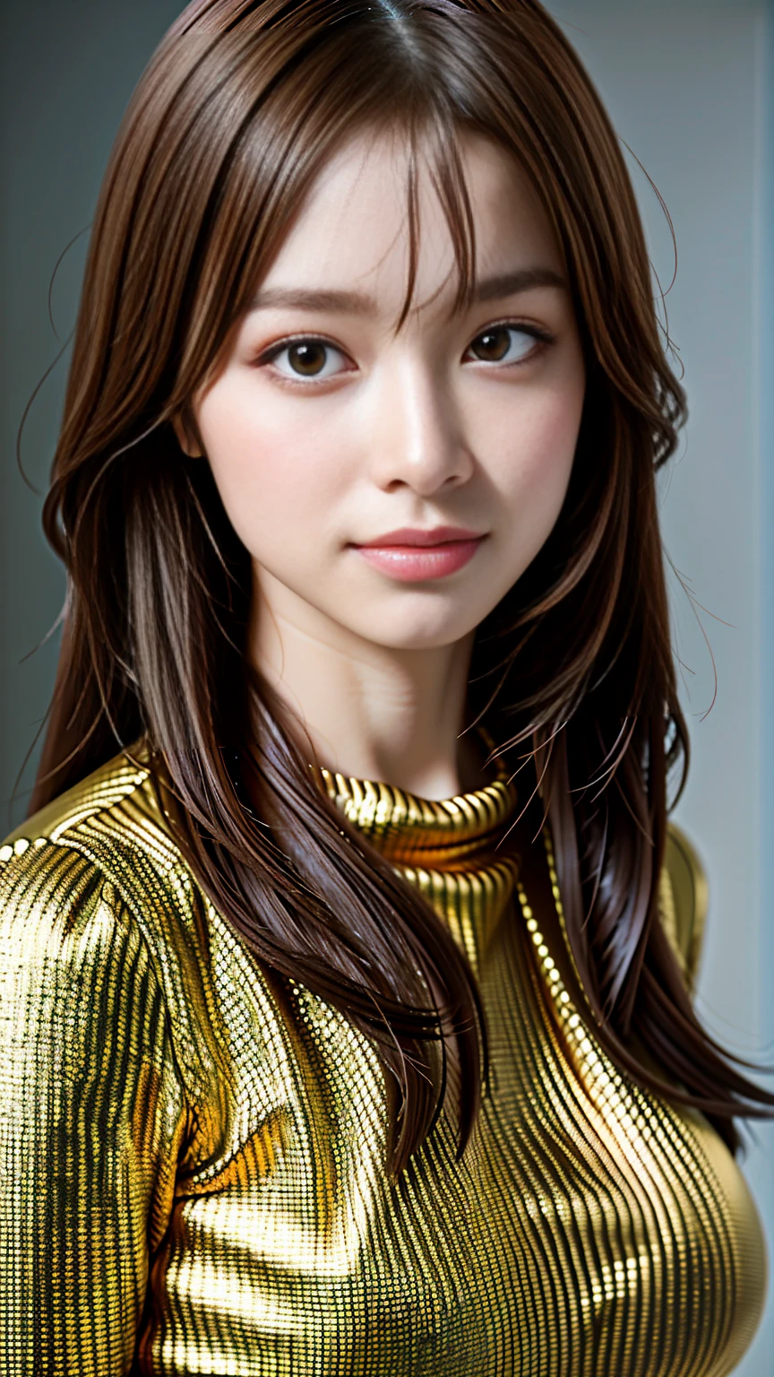 (Masseter muscle area:1.3)、(8K、Reality、Raw photo、Highest quality: 1.4)、(One Girl)、Beautiful Face、(A vivid face)、(Brown Hair:1.5)、(Long Hair)、Beautiful hairstyle、(One eye is hidden by bangs:1.5)、Realistic eyes、Beautiful details、(Realistic Skin)、Beautiful skins、(Black sweater)、Absurd、attractive、Ultra-high resolution、Surreal、High definition、Golden Ratio,Big Breasts