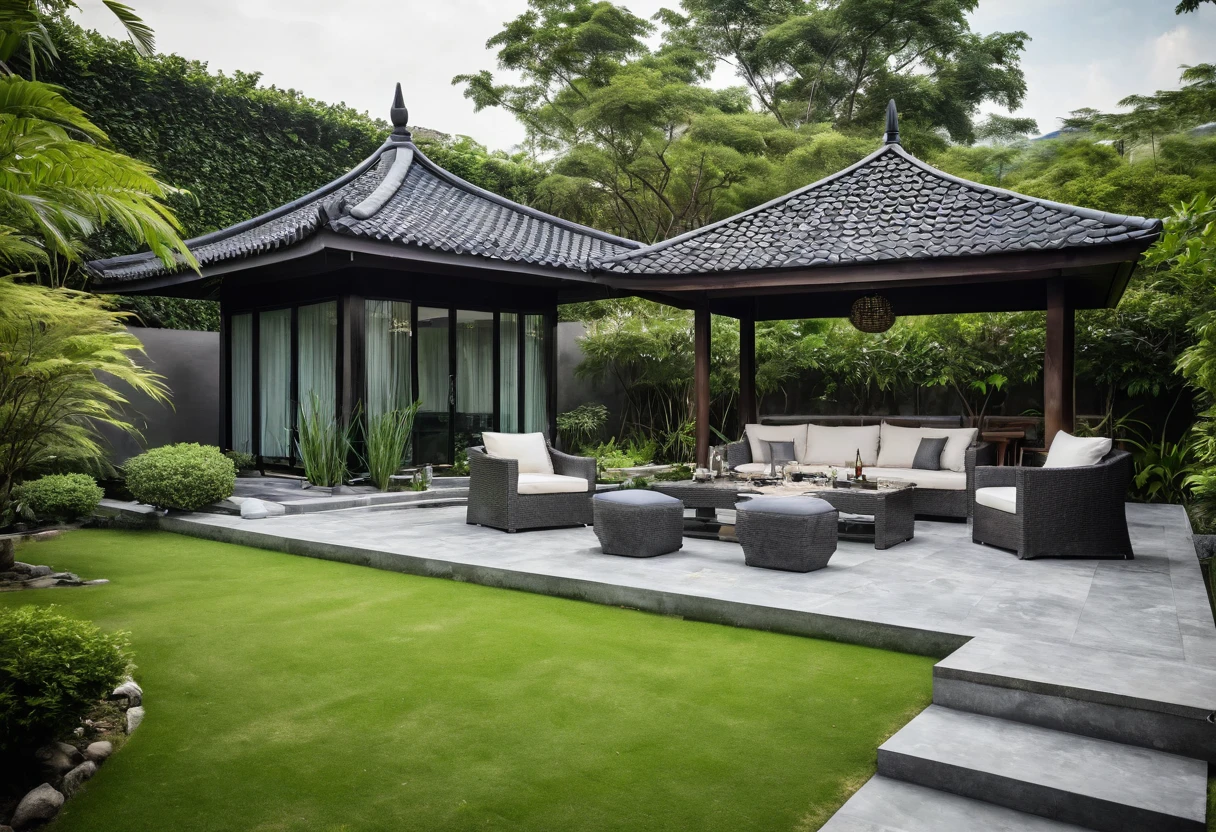 A stunning modern European garden with subtle Asian elements, featuring a sleek gazebo with a contemporary roof design. Shot with a high-quality DSLR camera, the garden is adorned with lush green lawns, small grassy hills, and a smooth stone pathway that winds through the space, leading to a spacious BBQ area equipped with a stylish grill and modern outdoor dining furniture. The gazebo is elegantly furnished with minimalist chairs and a table, perfect for relaxing in a serene environment. Surrounding the gazebo are multiple grassy areas, small mounds forming gentle hills, a serene pond with a waterfall cascading over a hòn non bộ rock formation, and small clear ponds, incorporating Asian-inspired plants that add tranquility to the modern setting. Soft, ambient lighting enhances the cozy atmosphere. Shallow depth of field, focused foreground, bokeh background. ((8k)), high quality detail, harmonious and inviting garden, modern elegance with Asian accents.
