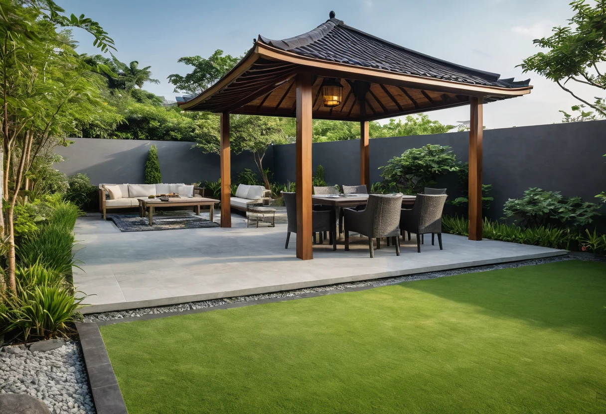 A stunning modern European garden with subtle Asian elements, featuring a sleek gazebo with a contemporary roof design. Shot with a high-quality DSLR camera, the garden is adorned with lush green lawns, small grassy hills, and a smooth stone pathway that winds through the space, leading to a spacious BBQ area equipped with a stylish grill and modern outdoor dining furniture. The gazebo is elegantly furnished with minimalist chairs and a table, perfect for relaxing in a serene environment. Surrounding the gazebo are multiple grassy areas, small mounds forming gentle hills, a serene pond with a waterfall cascading over a hòn non bộ rock formation, and small clear ponds, incorporating Asian-inspired plants that add tranquility to the modern setting. Soft, ambient lighting enhances the cozy atmosphere. Shallow depth of field, focused foreground, bokeh background. ((8k)), high quality detail, harmonious and inviting garden, modern elegance with Asian accents.