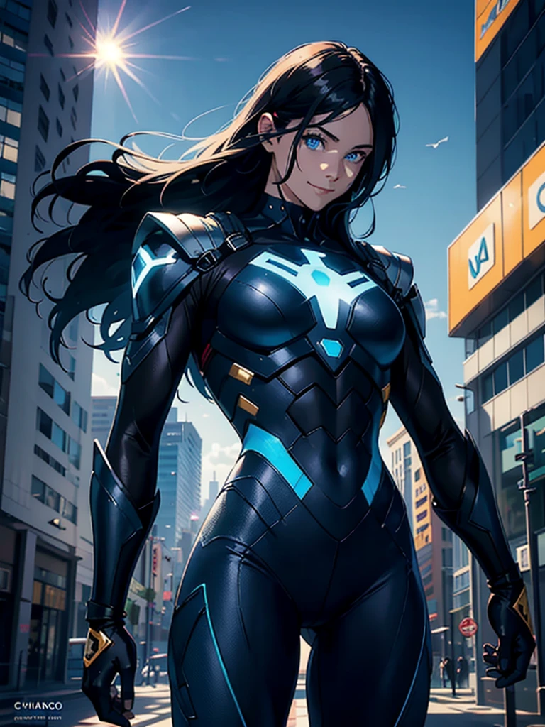 16K, HDR,UHD, RTX, ray tracing, chiaroscuro, best quality, masterpiece, ethereal, perfect illustration, digital artwork, trending on artstation, jaw-dropping perfection, ultra realistic, textured amazing lighting effects, perfect shadows, WLOP, 1girl, beautiful mature edgy woman in a cool long jacket and black pants, superhero suit, stomach covered by clothing, shoulder-length hair, shoulder-length hair, wavy hair, black hair, highly detailed glowing blue eyes, glowing eyes, blue eyes, beautiful glowy blue eyes, detailed eyes, beautiful face, perfect anatomy, broad shoulders, strong upper-body, modern city, city, beautiful weather, stunning sunshine, sunny, daylight, sunlight, modern, nature, daytime, superhero, uplifting, heroic, heroic pose, smiling, smiling at camera, athletic, hands near hips, glowy eyes, daytime, black and blue superhero suit, metal shoulder-pads, summertime, radiant sunlight, beautiful cityscape, hair blowing in wind, manly shoulders, big smile, wide smile, happy eyes, joyful, smiling with teeth, very tall, wide shoulders, tall