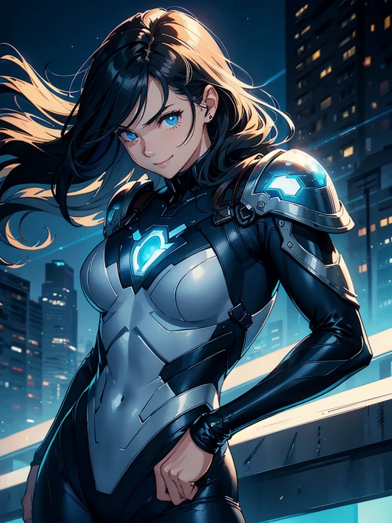 16K, HDR,UHD, RTX, ray tracing, chiaroscuro, best quality, masterpiece, ethereal, perfect illustration, digital artwork, trending on artstation, jaw-dropping perfection, ultra realistic, textured amazing lighting effects, perfect shadows, WLOP, 1girl, beautiful mature edgy woman in a cool long jacket and black pants, superhero suit, stomach covered by clothing, shoulder-length hair, shoulder-length hair, wavy hair, black hair, highly detailed glowing blue eyes, glowing eyes, blue eyes, beautiful glowy blue eyes, detailed eyes, beautiful face, perfect anatomy, broad shoulders, strong upper-body, modern city, city, beautiful weather, stunning sunshine, sunny, daylight, sunlight, modern, nature, daytime, superhero, uplifting, heroic, heroic pose, smiling, smiling at camera, athletic, hands near hips, glowy eyes, daytime, black and blue superhero suit, metal shoulder-pads, summertime, radiant sunlight, beautiful cityscape, hair blowing in wind, manly shoulders, big smile, wide smile, happy eyes, joyful, smiling with teeth, very tall, wide shoulders, tall