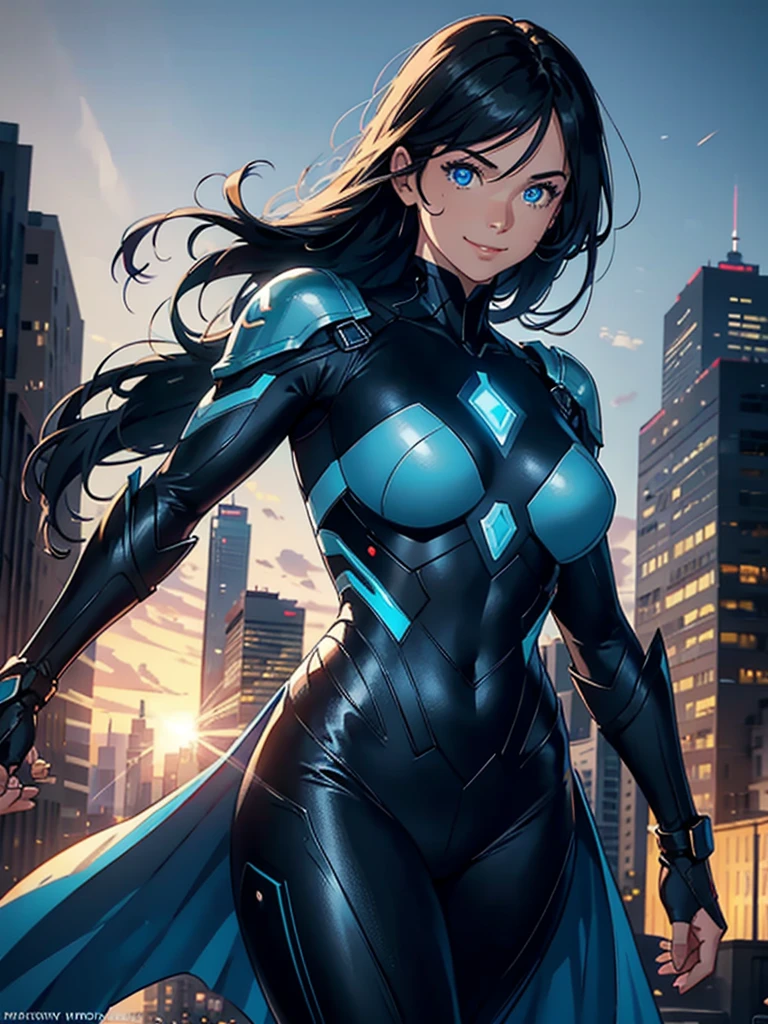 16K, HDR,UHD, RTX, ray tracing, chiaroscuro, best quality, masterpiece, ethereal, perfect illustration, digital artwork, trending on artstation, jaw-dropping perfection, ultra realistic, textured amazing lighting effects, perfect shadows, WLOP, 1girl, beautiful mature edgy woman in a cool long jacket and black pants, superhero suit, stomach covered by clothing, shoulder-length hair, shoulder-length hair, wavy hair, black hair, highly detailed glowing blue eyes, glowing eyes, blue eyes, beautiful glowy blue eyes, detailed eyes, beautiful face, perfect anatomy, broad shoulders, strong upper-body, modern city, city, beautiful weather, stunning sunshine, sunny, daylight, sunlight, modern, nature, daytime, superhero, uplifting, heroic, heroic pose, smiling, smiling at camera, athletic, hands near hips, glowy eyes, daytime, black and blue superhero suit, metal shoulder-pads, summertime, radiant sunlight, beautiful cityscape, hair blowing in wind, manly shoulders, big smile, wide smile, happy eyes, joyful, smiling with teeth, very tall, wide shoulders, tall