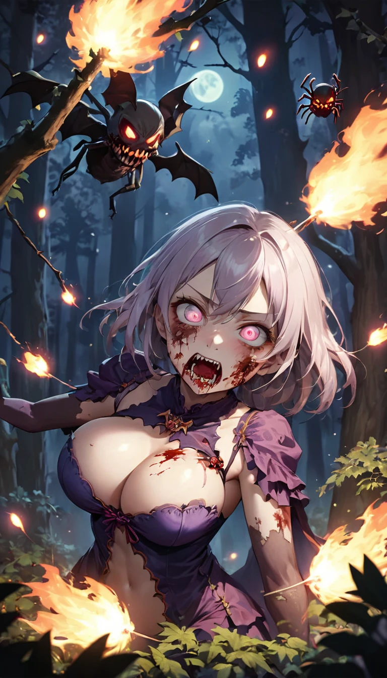 Highest quality, Super quality, 16K, Incredibly absurd, Very detailed, 2.5D, delicate and dynamic, Dark Forest, spooky night, Small faint lights and flying fireflies, night, lightning, bat, Poisonous spiders, , Small face, Extremely delicate facial expression, Delicate eye depiction, Upper body close-up, erotic,, sole beautiful sexy zombie lady, healthy shaped body, 22 years old lady, zombie, 170cm tall, big firm bouncing busts, 中国風zombie, 複雑な構造のzombieの衣装, Bloody Face, anger, , Thick tree branches entangle my whole body, Flame throwing from the mouth, Throwing flames at trees, Burn down the forest