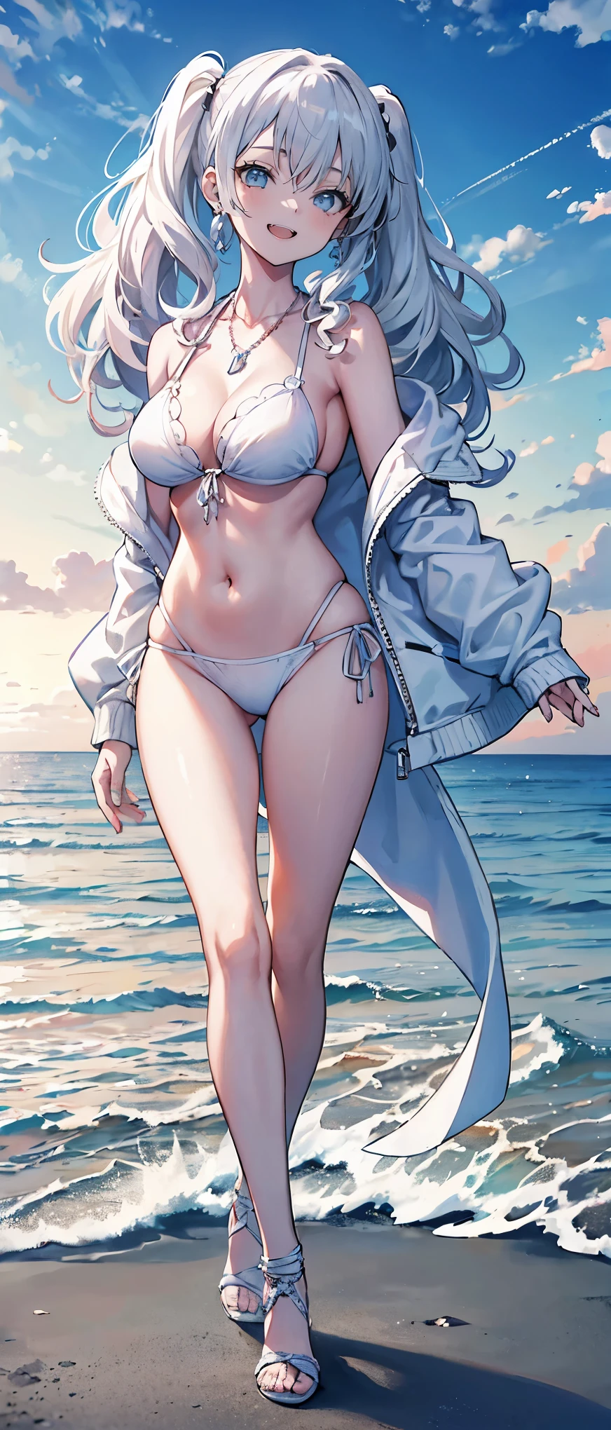 High resolution, high resolution,2D Anime Style,,Cool woman,Gal,tall,20th Generation,White hair long hair,Curly hair twin tails,Light blue eyes,Gal,Beautiful watch,Beautiful earrings,Lots of beautiful necklaces,White Bikini,Opened hoodie,He is smiling,Has fangs,whole body,Walking on the beach,