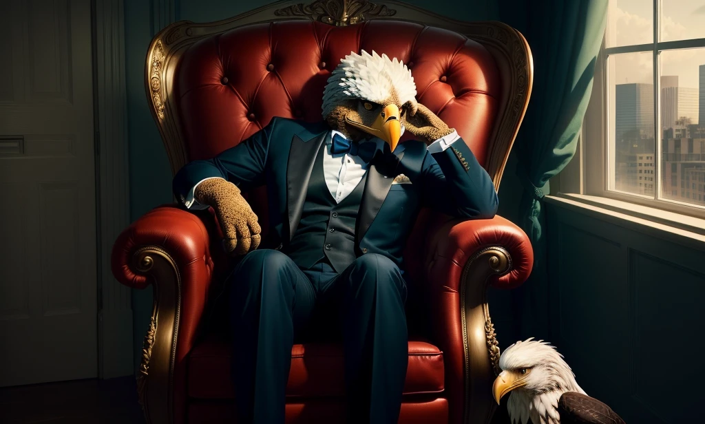 Anthropomorphic eagle wearing a suit,Sitting in a chair like a company president, YouTube video screenshot, The bird is wearing a bow tie, still from live action movie, Live-action movie scenes, Threatening gaze, gentleman, Cookie Monster Becomes Bond Villain, Very emotional, Music video screenshot, Very Sensitive