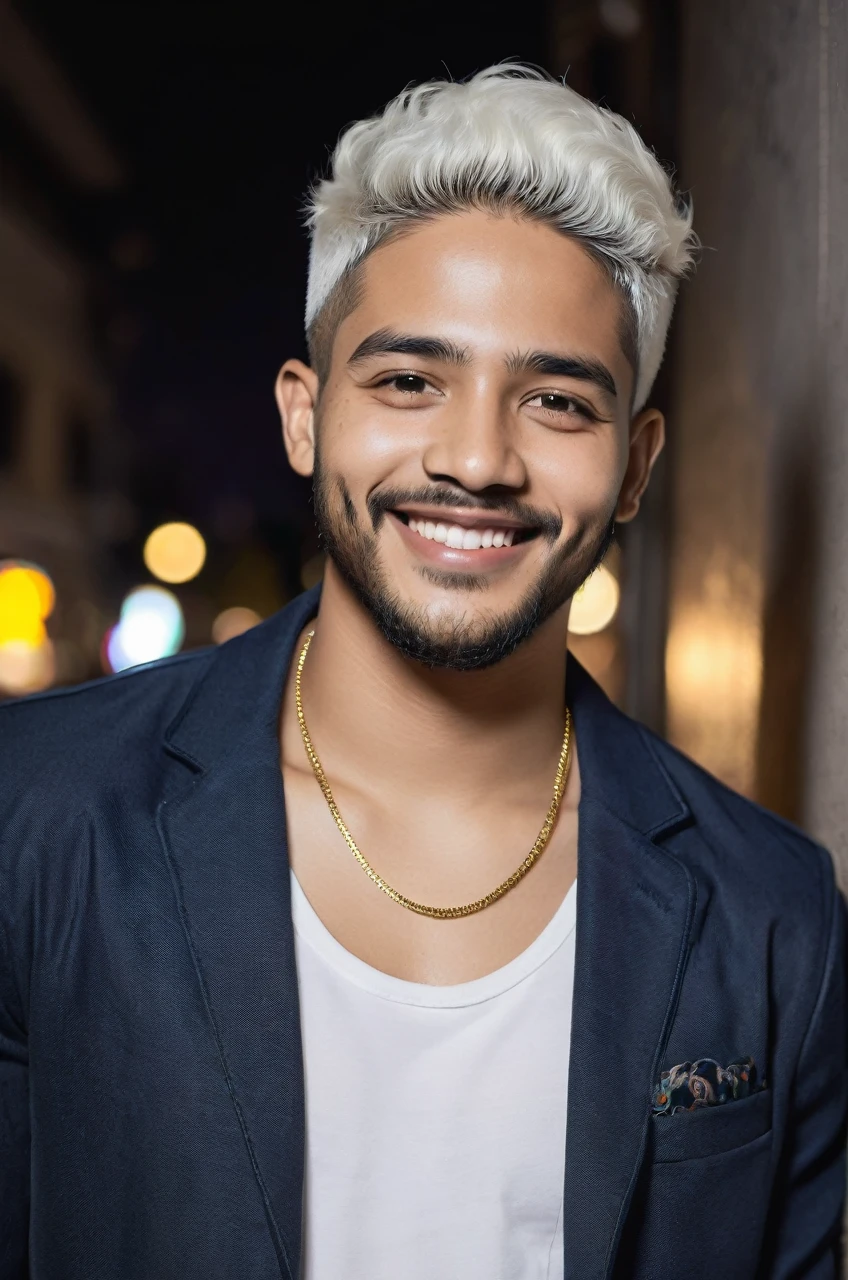 Black 25 yrs old male, handsome, night life smiling, white criolo hair
