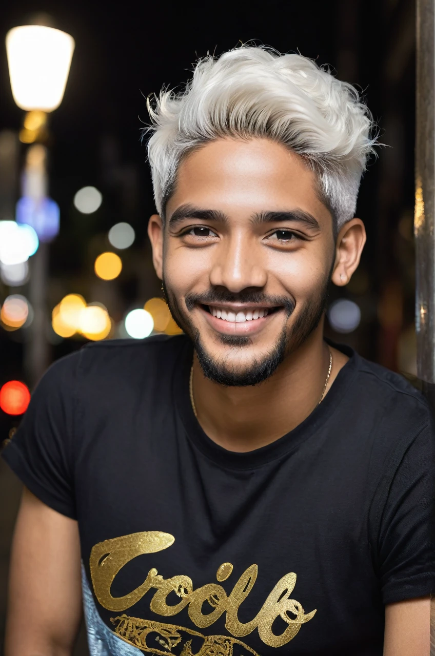 Black 25 yrs old male, handsome, night life smiling, white criolo hair 