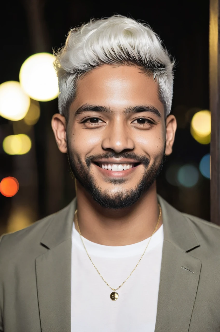 Black 25 yrs old male, handsome, night life smiling, white criolo hair