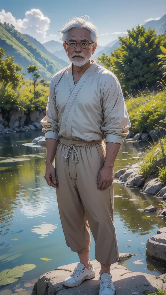 Create a high-quality anime-style image featuring an elderly man standing on a rocky cliff by the sea. The man has white hair, a beard, and is wearing round glasses. He is dressed in a white shirt, beige pants rolled up at the ankles, and white sneakers. His posture is relaxed, with his hands in his pockets, gazing thoughtfully into the distance.
The background consists of a clear blue sky filled with fluffy, white clouds. Below the cliff, there is a calm sea with boats and a small coastal village nestled at the foot of green, mountainous terrain. The scene captures a peaceful, reflective moment, with vibrant colors and detailed shading to emphasize the tranquil and contemplative atmosphere.