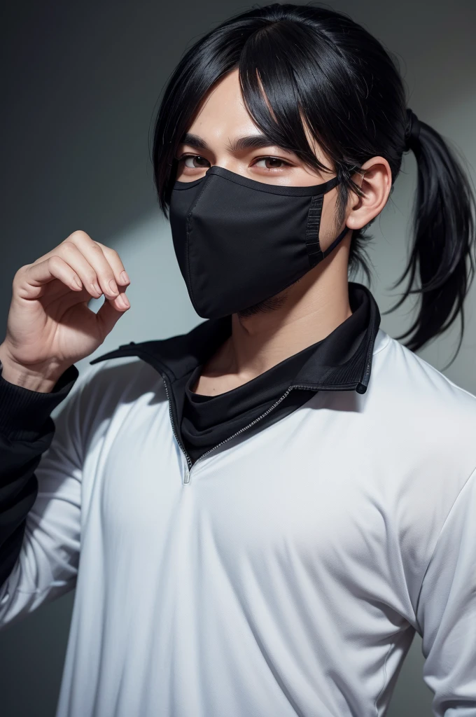 best quality,masterpiece,Ultra high detail,A handsome muscular man,Short black hair,topless,(Flowers on the shoulder), With flowers in his black micro thong, flowers covered around his head, eyes are closed, covered, eyes are blindfolded with black cloth, realistic,Grey background,Yellow and white flowers,