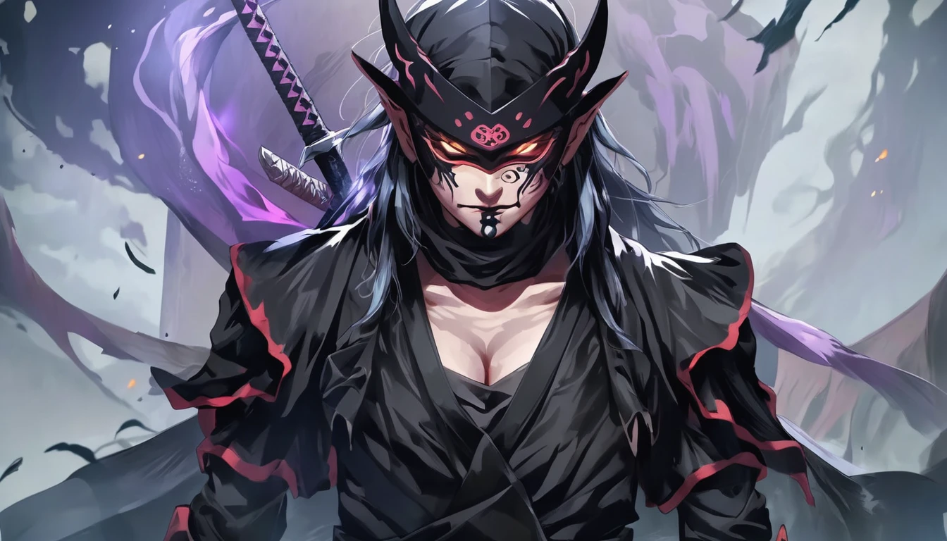 ninja mask, cape,close up, black heavy detailed clothes, katana, art, dark and malevolent, hand sword, armor, powerful and intimidating, (masterpiece, best quality, ultra-detailed, best shadow), (detailed background, dark fantasy) dramatic light, intricate details, dark and malevolent, powerful and intimidating, Dark and foreboding, malevolent force, sinister and chilling, armor, high detailed background, girl in demon slayer art, demon slayer art style, epic anime art, God death