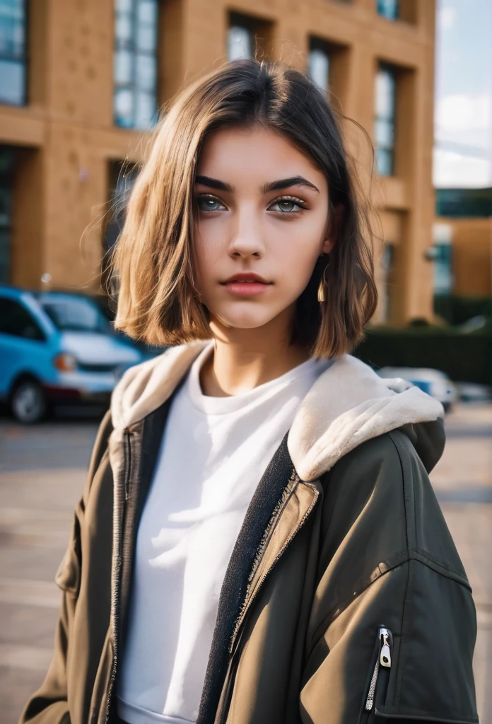Beautiful 16-year-old girl, named Sofia, beautiful golden eyes, detailed eyes, MID-HEIGHT bob  haircut, mermeland lips, sexy, detailed face, university jacket, in the background a school, car, parking 