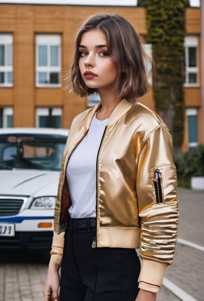 Beautiful 16-year-old girl, named Sofia, beautiful golden eyes, detailed eyes, MID-HEIGHT bob haircut, mermeland lips, sexy, detailed face, university jacket, in the background a school, car, parking
