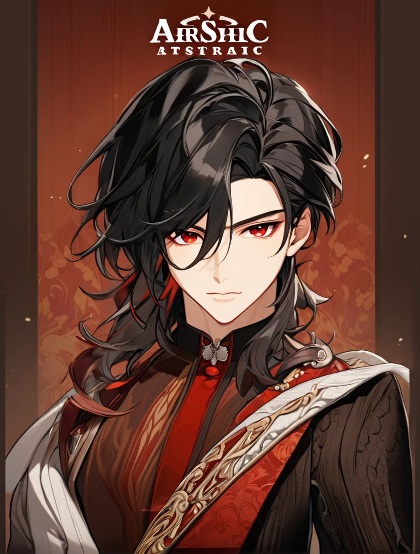 (Black_Hair), (red_ruby_eyes), (Handsome), (attractive), (male), (close_up_shot), (detailed_eyes), (detailed_hair), (clean_hair),  (vertical_pupils), (jawline), (wears_aristrocatic_outfit), (in_his_early_twenties) 