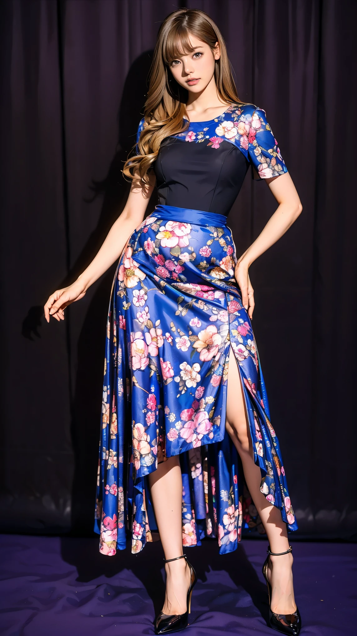 ((masterpiece)),(((Highest quality))),Thin thighs,Long legs,whole body:1.5，(One Girl:1.3),(Black pantyhose and thick pointy heels：1.3),(Wearing a floral long skirt dress:1.2),Short Blonde:1.2、Model pose，
