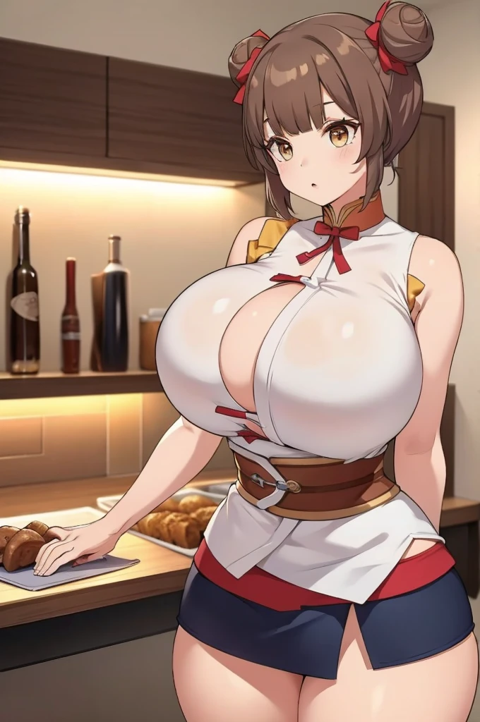 Brown hair,short hair,bigbreast,mini skirt,wanwan_at,hair bun