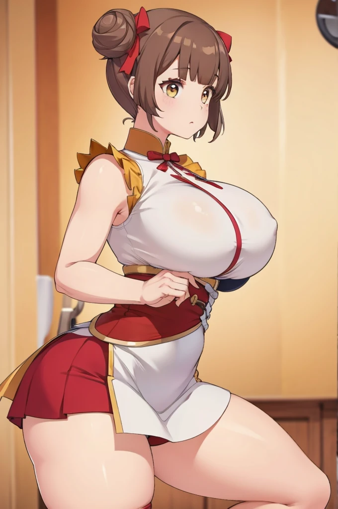 Brown hair,short hair,bigbreast,mini skirt,wanwan_at,hair bun