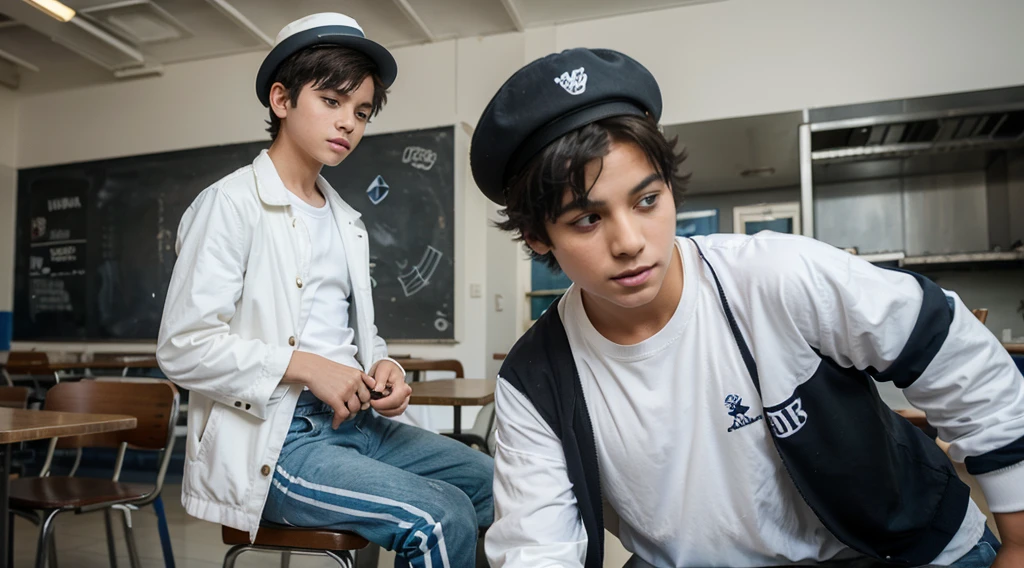 Photorealistic image of a 7-year-old boy performing on a makeshift stage in the school cafeteria. The boy is autistic and is dressed like Michael Jackson in the 'Smooth Criminal' music video. He is giving an amazing performance that surprises all adults. There are foreigners filming his performance with cameras. The boy has short, dark hair and wears a white hat, a white jacket with a blue stripe, white pants and black shoes. The café has tables and chairs in the background, and the lighting highlights Vicente in his work.