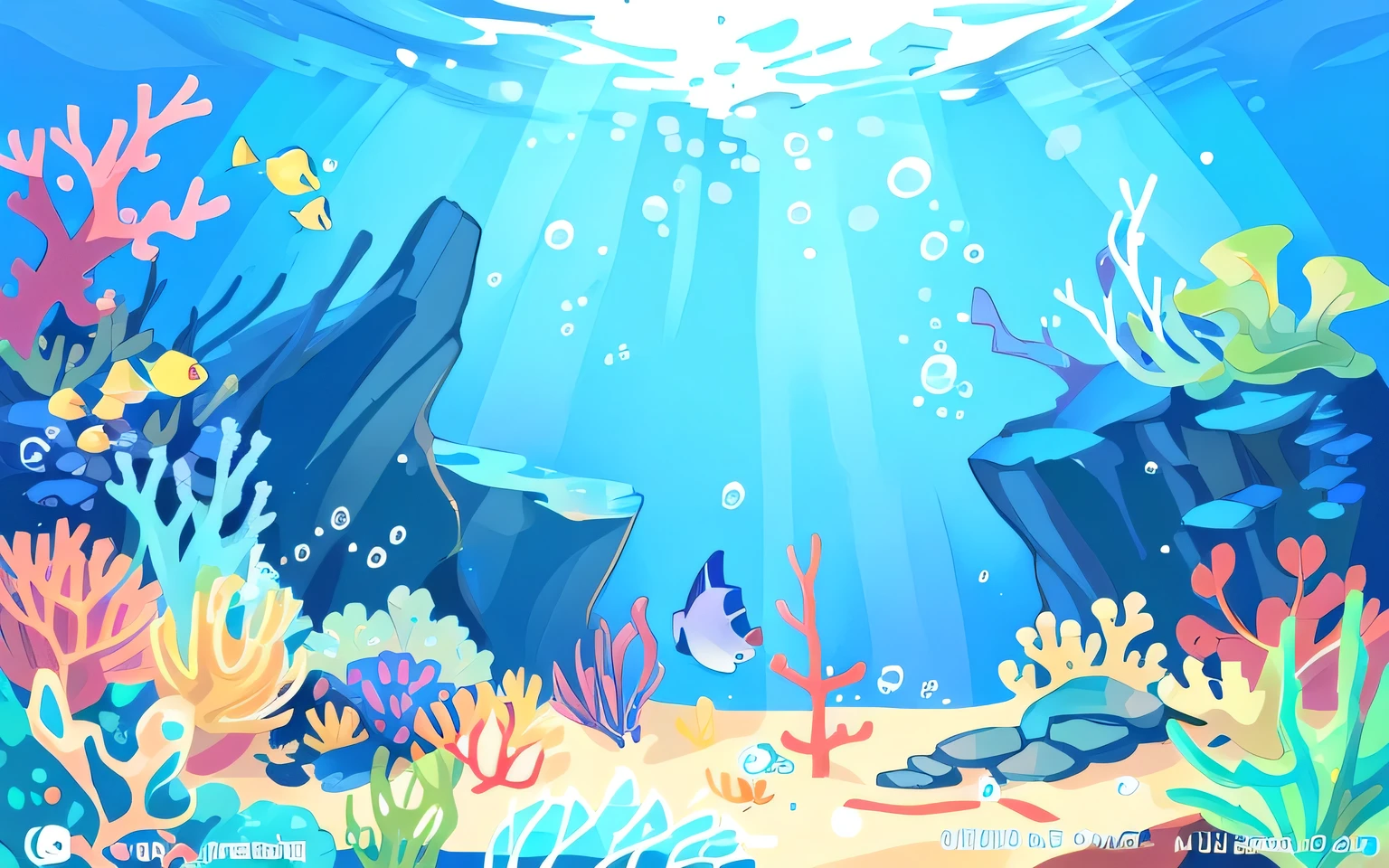 Ocean with cartoon fish and other sea creatures, Underwater scene, bubbly Underwater scenery, Underwater background, seabed environment, Underwater environment, background technology, Underwater World, Underwater scenery, Ocean background, seabed, Stylized digital illustration, 在seabed, Pixar Ink Art, Underwater Ocean, deep Underwater scene, stylized concept art, Stylized background