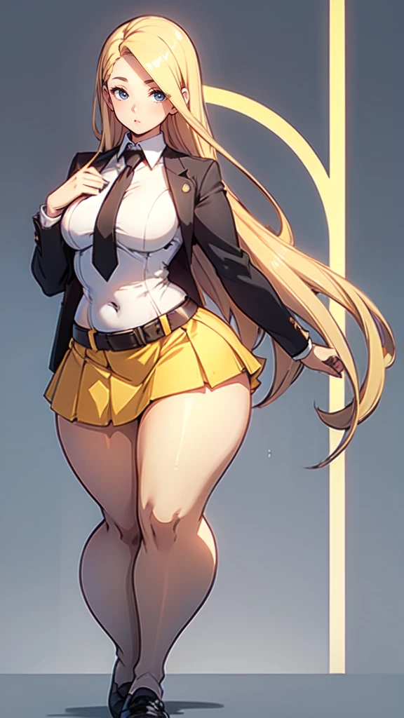 blank background, (((full body))), (masterpiece), ((best quality)), (flat chest), tiny breast, straight hair (curvy:1.8), (very short skirt), shoes, belt below navel, blonde,  (black suit and tie)