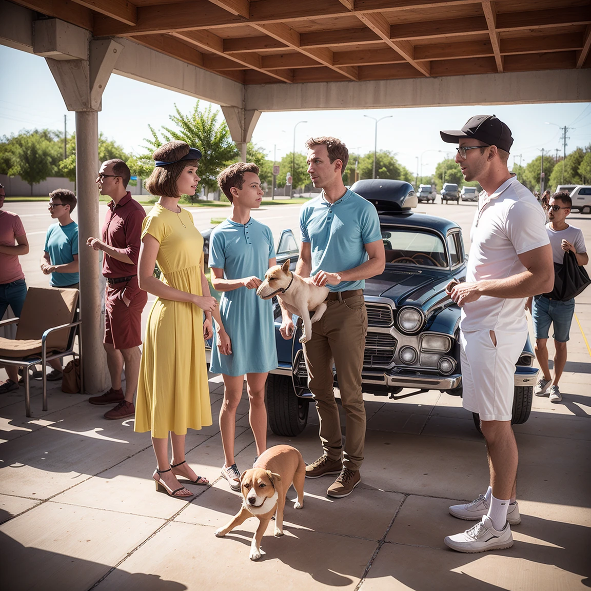 4K image from a 1960s science fiction film by Spike Jonze , Your films, pastel colors, man (Todder9) Young people in animal helmets hold a mechanical dog at the bus station, Retro-futuristic fashion clothing from the 60s with alien ornaments, natural light, psychedelic, strangely futuristic, Retro-Futurist, photorealestic, Sharp background details.