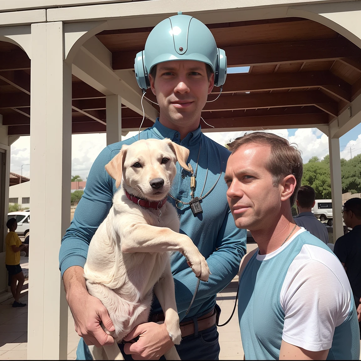 4K image from a 1960s science fiction film by Spike Jonze , Your films, pastel colors, man (Todder9) Young people in animal helmets hold a mechanical dog at the bus station, Retro-futuristic fashion clothing from the 60s with alien ornaments, natural light, psychedelic, strangely futuristic, Retro-Futurist, photorealestic, Sharp background details.