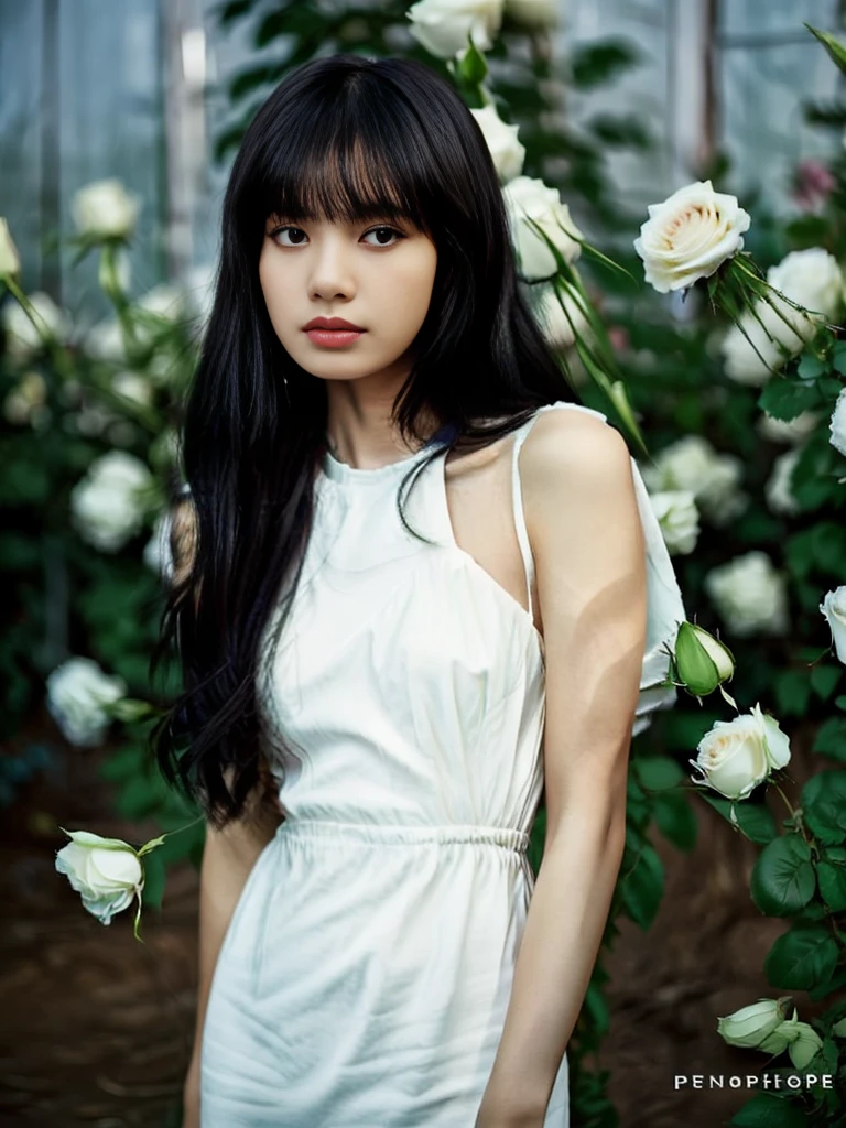 (half-body Portrait), Best quality, 8k, 32k, Masterpiece, (Photorealistic: 1.4), RAW photo, ultra realistic, 1girl, very beautiful, Shoulder Length Hair with Bangs, sad, wearing Black dress, Standing in a greenhouse filled with white roses, film color,