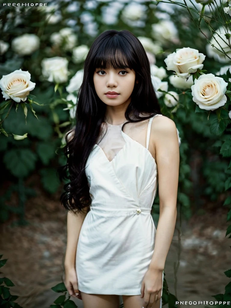 (half-body Portrait), Best quality, 8k, 32k, Masterpiece, (Photorealistic: 1.4), RAW photo, ultra realistic, 1girl, very beautiful, Shoulder Length Hair with Bangs, sad, wearing Black dress, Standing in a greenhouse filled with white roses, film color,