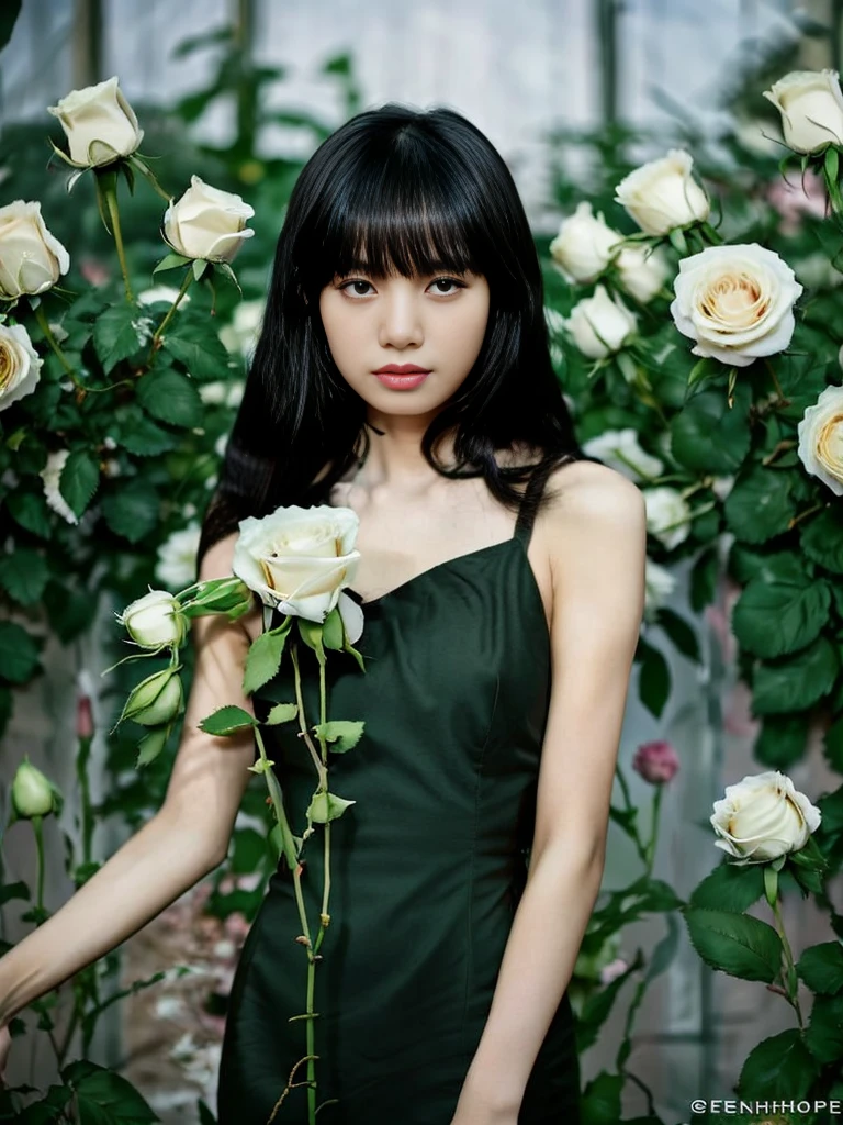 (half-body Portrait), Best quality, 8k, 32k, Masterpiece, (Photorealistic: 1.4), RAW photo, ultra realistic, 1girl, very beautiful, Shoulder Length Hair with Bangs, sad, wearing Black dress, Standing in a greenhouse filled with white roses, film color,