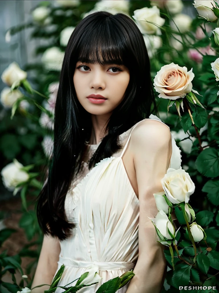 (half-body Portrait), Best quality, 8k, 32k, Masterpiece, (Photorealistic: 1.4), RAW photo, ultra realistic, 1girl, very beautiful, Shoulder Length Hair with Bangs, sad, wearing Black dress, Standing in a greenhouse filled with white roses, film color,