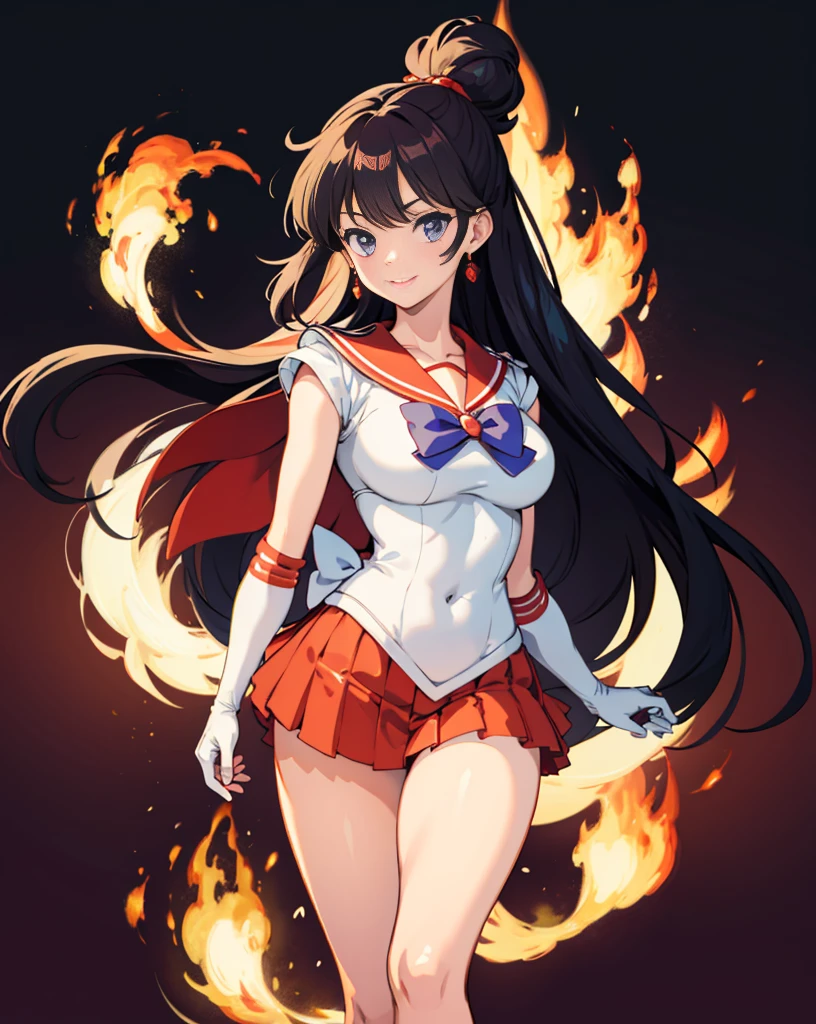 masterpiece,Highest quality,Absurd,Perfect Anatomy,One girl,solo,Mars,Head ornament,Very long hair,Parted bangs,Sailor Warrior Uniforms,Red Sailor Collar,Huge ,Exposed under the chest,Fitness Model,Long Legged Dart,Red Skirt,Wear gloves on your elbows,Stand on your own two feet,Cowboy gets shot,smile,Cartoon flame on background,Stylized Background