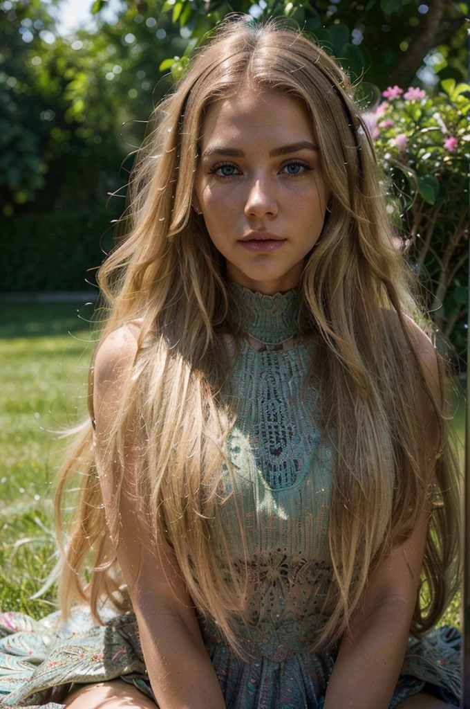 photorealistic, best quality, instagram model, (hyper detailed: 1.4), view from the back, sitting on the grass, naked, long blonde hair, green eyes ,Detailed eyes, beautiful european young woman, (Highly detailed face:1.4), exuding a natural glow, soft lightning, evening time, jaw-dropping beauty, mysterious, seductive, vivid colors, subtle shadows