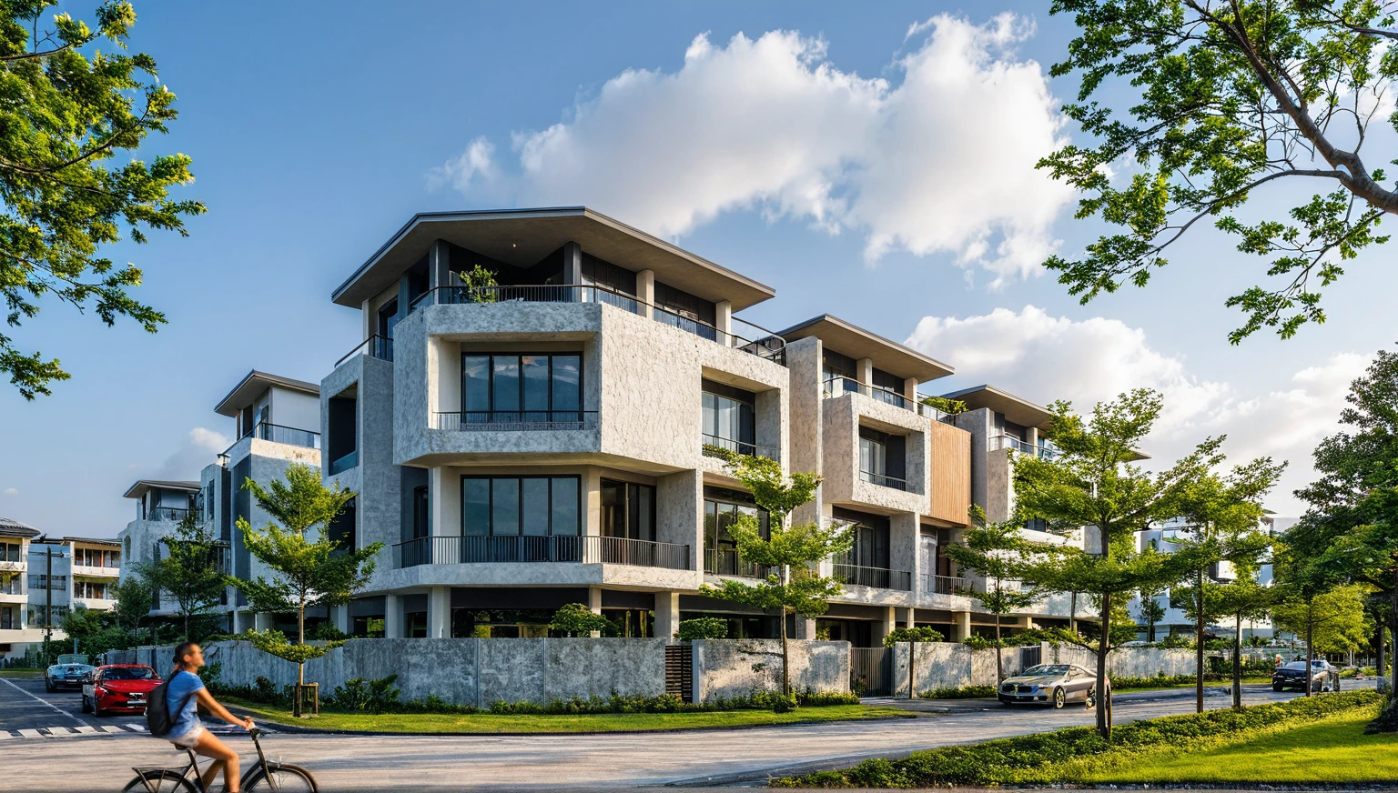 Masterpiece, high quality, best quality, authentic, super detail, outdoors, onestoreyvillaXL, aiaigroup, house style modern on the street ,stairs, white wall ,road,pavement, grass, trees, sky, cloud, (daylight:1.1)
