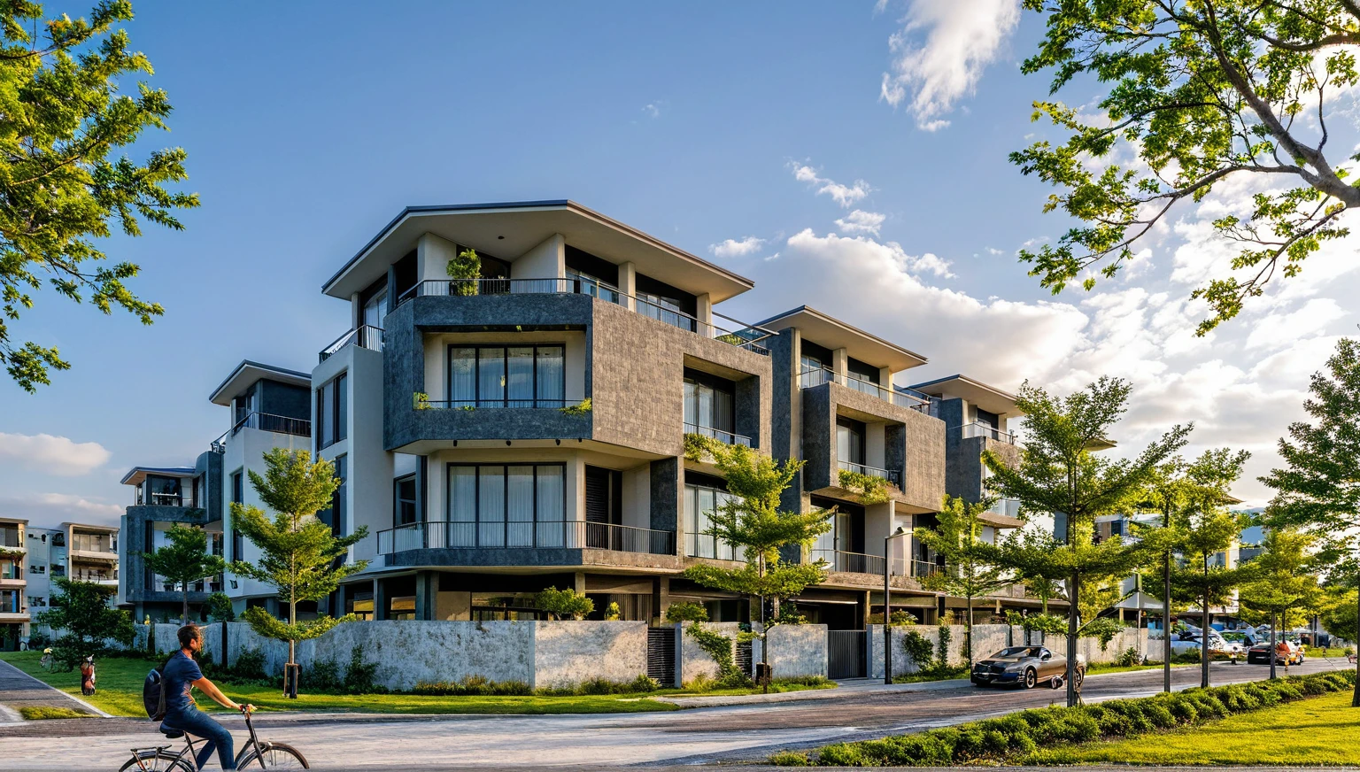 Masterpiece, high quality, best quality, authentic, super detail, outdoors, onestoreyvillaXL, aiaigroup, house style modern on the street ,stairs, white wall ,road,pavement, grass, trees, sky, cloud, (daylight:1.1)