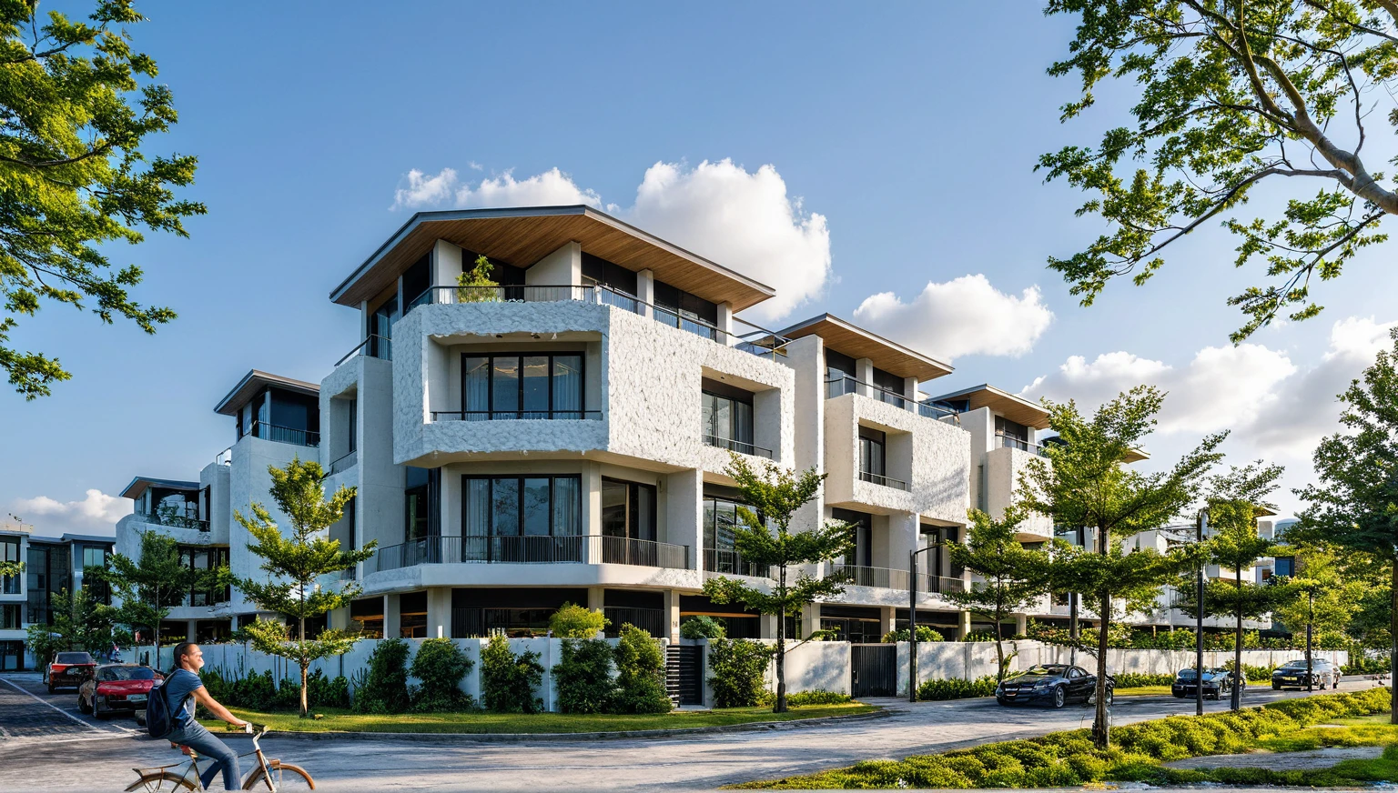 Masterpiece, high quality, best quality, authentic, super detail, outdoors, onestoreyvillaXL, aiaigroup, house style modern on the street ,stairs, white wall ,road,pavement, grass, trees, sky, cloud, (daylight:1.1)