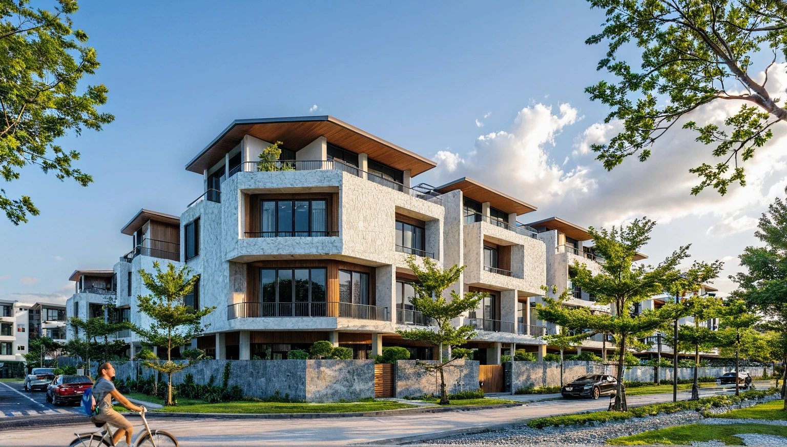 Masterpiece, high quality, best quality, authentic, super detail, outdoors, onestoreyvillaXL, aiaigroup, house style modern on the street ,stairs, white wall ,road,pavement, grass, trees, sky, cloud, (daylight:1.1)
