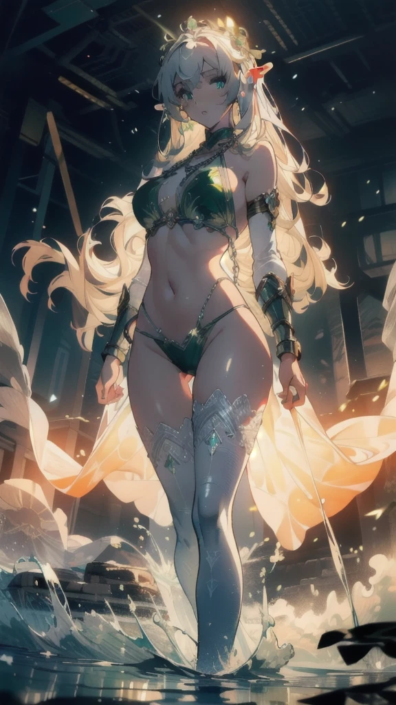 ((masterpiece, best quality)), Epic battlefield atmosphere,Delicate face,Elf,whole body,Standing picture,glowing green eyes,Large Breasts,Gradient white long wavy hair,Perfect body proportions,Pure white background,firefly,Water Ripples,Lace,Transparent sex bikini,whip,chain