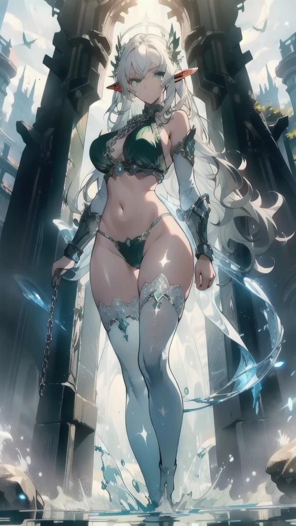 ((masterpiece, best quality)), Epic battlefield atmosphere，Delicate face，Elf，whole body，Standing picture，glowing green eyes，Large Breasts，Gradient white long wavy hair，Perfect body proportions，Pure white background，firefly，Water Ripples，Lace，Transparent sex bikini，whip，chain