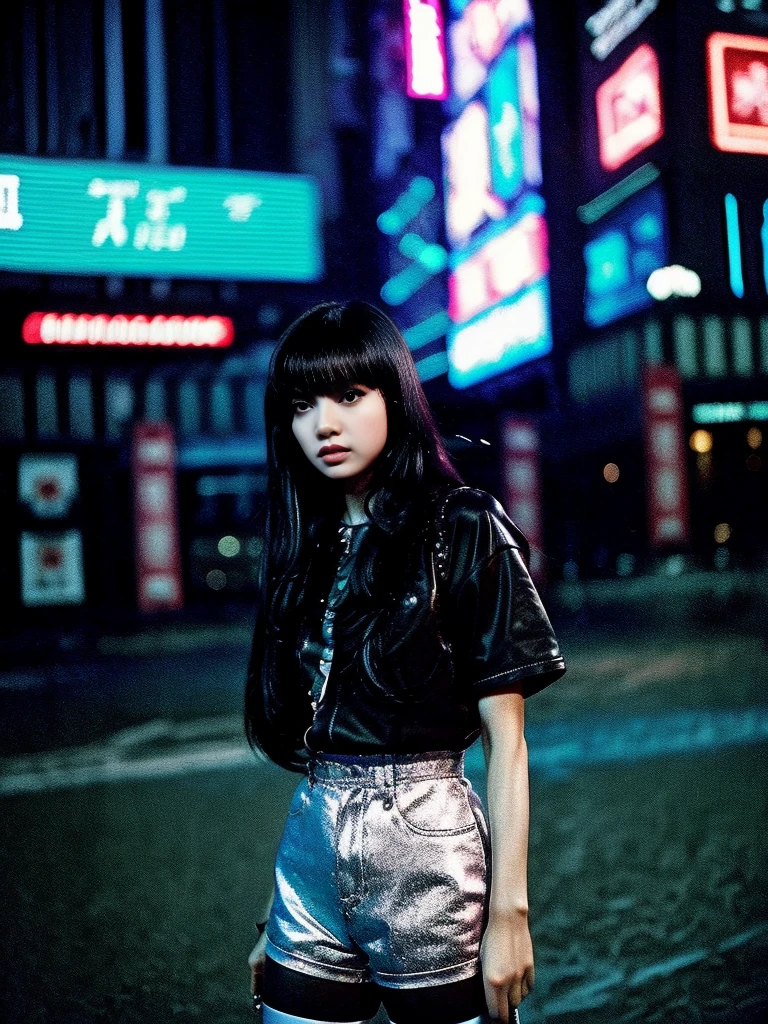 a woman, black hair, long hair, Korean, bright outfit,  cyberpunk, futuristic city, 1987 film, masterpiece, best quality, blade runners style, cyberpunk city, realistic, 4D cinema.