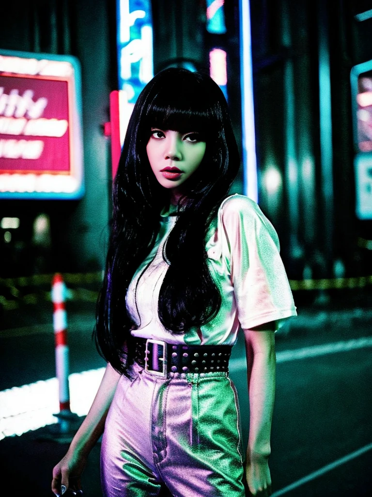 a woman, black hair, long hair, Korean, bright outfit,  cyberpunk, futuristic city, 1987 film, masterpiece, best quality, blade runners style, cyberpunk city, realistic, 4D cinema.