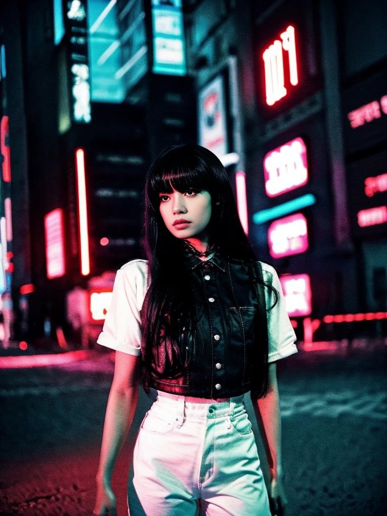 a woman, black hair, long hair, Korean, bright outfit,  cyberpunk, futuristic city, 1987 film, masterpiece, best quality, blade runners style, cyberpunk city, realistic, 4D cinema.