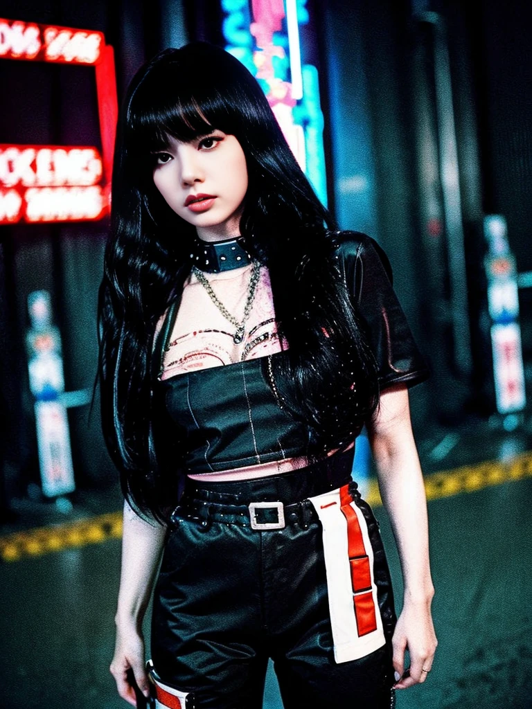 a woman, black hair, long hair, Korean, bright outfit,  cyberpunk, futuristic city, 1987 film, masterpiece, best quality, blade runners style, cyberpunk city, realistic, 4D cinema.