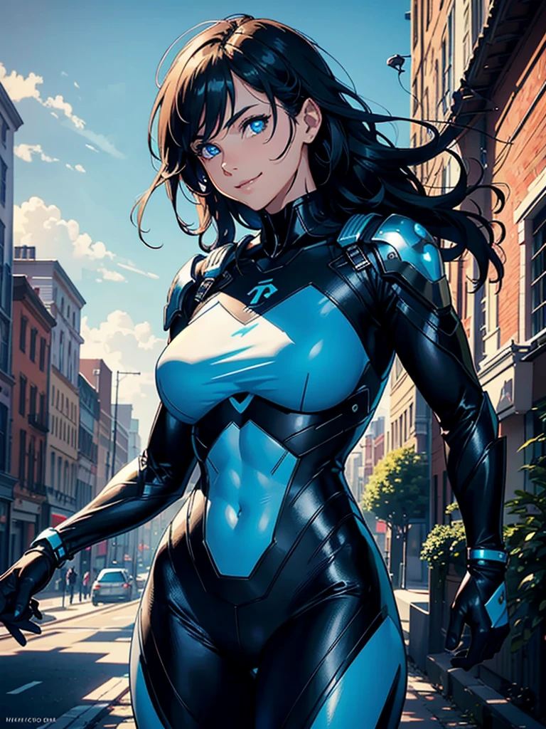 16K, HDR,UHD, RTX, ray tracing, chiaroscuro, best quality, masterpiece, ethereal, perfect illustration, digital artwork, trending on artstation, jaw-dropping perfection, ultra realistic, textured amazing lighting effects, perfect shadows, WLOP, 1girl, beautiful mature edgy woman in a cool long jacket and black pants, superhero suit, stomach covered by clothing, shoulder-length hair, shoulder-length hair, wavy hair, black hair, highly detailed glowing blue eyes, glowing eyes, blue eyes, beautiful glowy blue eyes, detailed eyes, beautiful face, perfect anatomy, broad shoulders, strong upper-body, modern city, city, beautiful weather, stunning sunshine, sunny, daylight, sunlight, modern, nature, daytime, superhero, uplifting, heroic, heroic pose, smiling, smiling at camera, athletic, hands near hips, glowy eyes, daytime, black and blue superhero suit, metal shoulder-pads, summertime, radiant sunlight, beautiful cityscape, hair blowing in wind, manly shoulders, big smile, wide smile, happy eyes, joyful, smiling with teeth, very tall, wide shoulders, tall