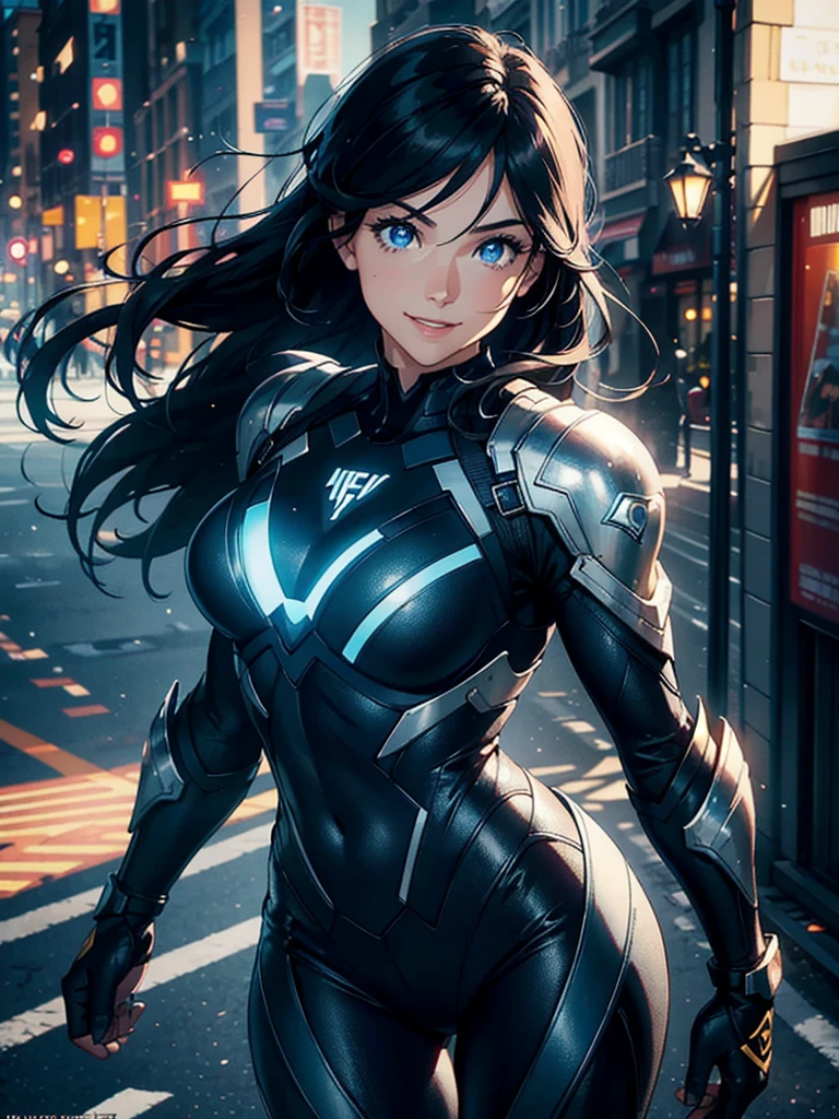 16K, HDR,UHD, RTX, ray tracing, chiaroscuro, best quality, masterpiece, ethereal, perfect illustration, digital artwork, trending on artstation, jaw-dropping perfection, ultra realistic, textured amazing lighting effects, perfect shadows, WLOP, 1girl, beautiful mature edgy woman in a cool long jacket and black pants, superhero suit, stomach covered by clothing, shoulder-length hair, shoulder-length hair, wavy hair, black hair, highly detailed glowing blue eyes, glowing eyes, blue eyes, beautiful glowy blue eyes, detailed eyes, beautiful face, perfect anatomy, broad shoulders, strong upper-body, modern city, city, beautiful weather, stunning sunshine, sunny, daylight, sunlight, modern, nature, daytime, superhero, uplifting, heroic, heroic pose, smiling, smiling at camera, athletic, hands near hips, glowy eyes, daytime, black and blue superhero suit, metal shoulder-pads, summertime, radiant sunlight, beautiful cityscape, hair blowing in wind, manly shoulders, big smile, wide smile, happy eyes, joyful, smiling with teeth, very tall, wide shoulders, tall