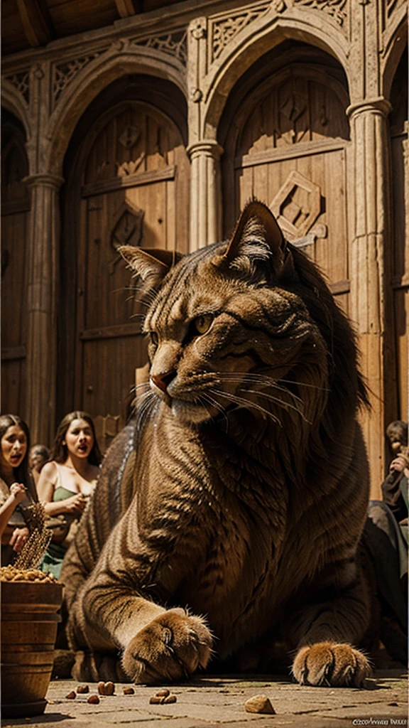 Medieval humans, everybody is in panic and scared by giant angry cat thirsting for snacks in oil painting style