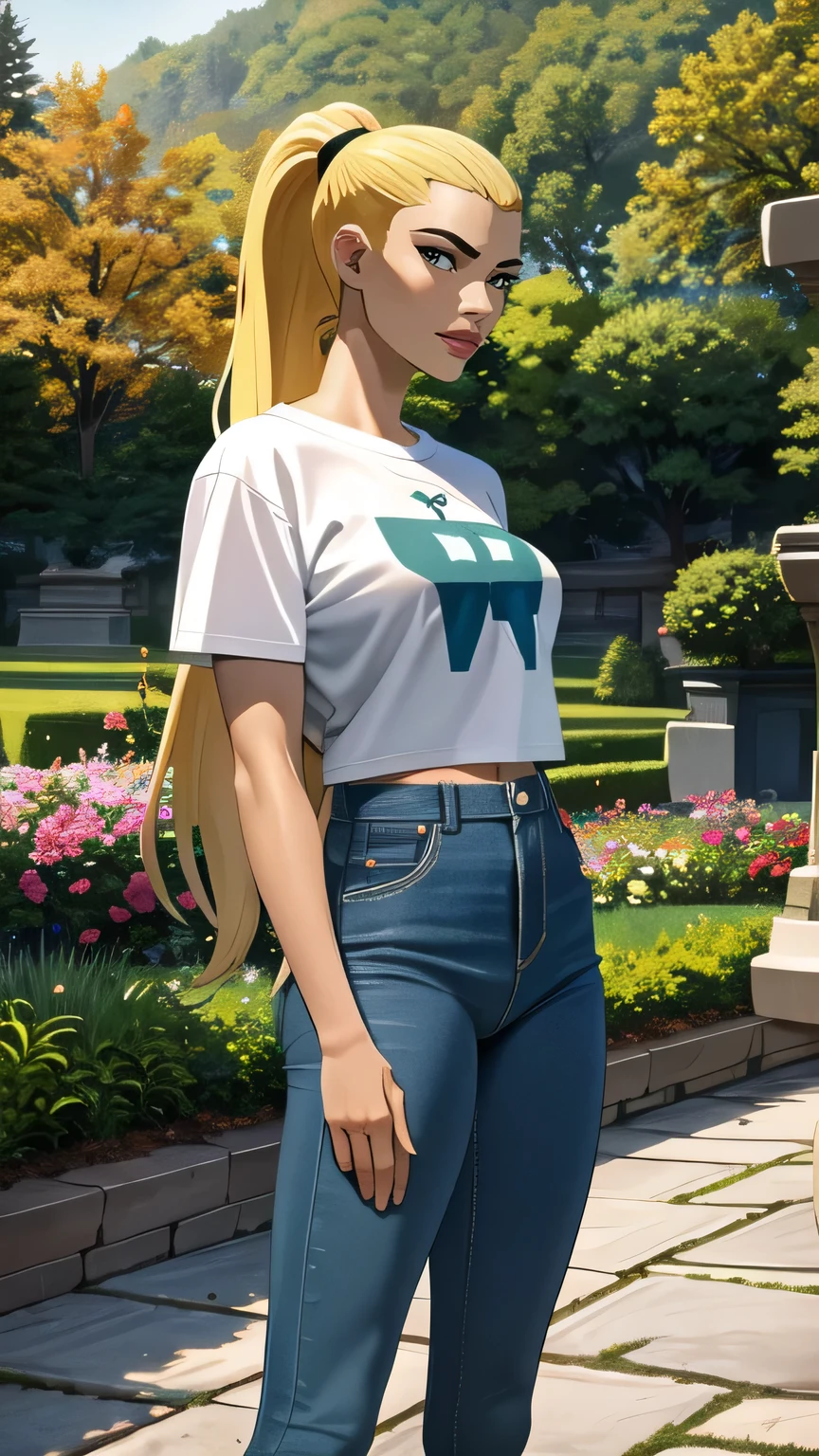 (cowboy shot), (masterpiece, best_quality, ultra-detailed, immaculate:1.3), epic, illustration,
BREAK
ArtemisYJ, ponytail,super long hair,
(Crop plan White t-shirt ),jeans,medium breast 
BREAK
(courtyard, garden, outdoors, gorgeous view)