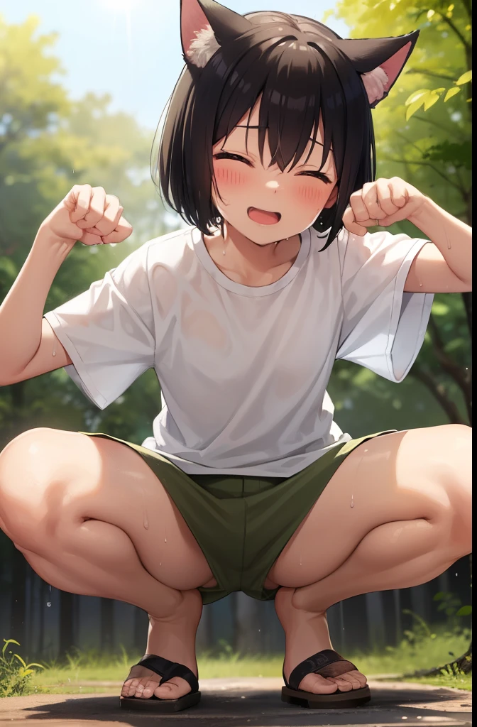 forest,smile,Squat,Cat ear,PAW Pose,close your eyes,1. Small  ,short hair,Black Hair,blush,White T-shirt,Olive green shorts,Brown Sandals,White skin,summer,From below,shy,Sweat,Open your mouth wide,sun,Wet,Sweatだく,tooth