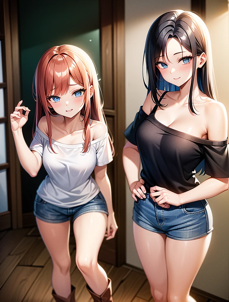 girls in lingerie  anime women , 2girl, multiple grils , breasts, nipples, collar slave , choker , nude, long hair, red hair, navel, standing , looking at viewer, pillow, blush, pussy, blue eyes, collarbone, indoors, window, barefoot, bangs, completely nude